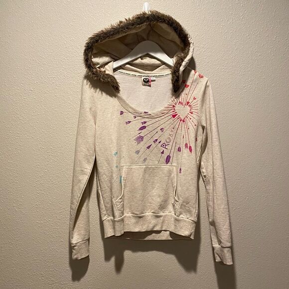 Roxy Sweatshirt Pullover faux fur hood Size Small beachy surfer casual winter - Picture 2 of 8
